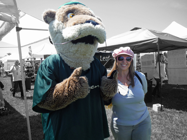 bear mascot and Karen Duquette